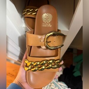 Vince Camuto Tan and Gold Women's Slide Sandals